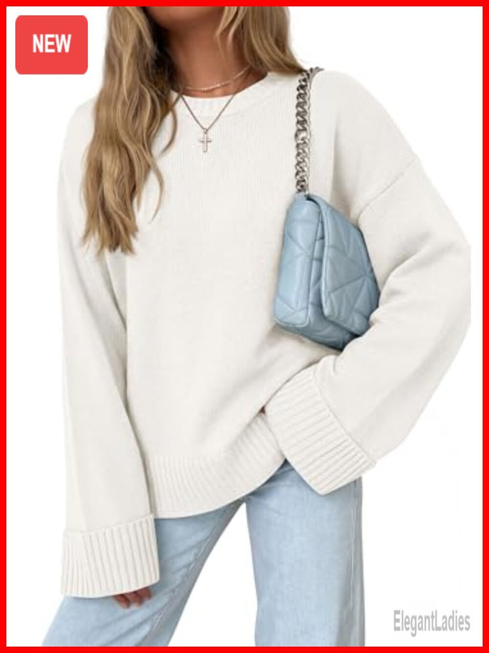 Oversized Crewneck Long Sleeve Pullover Sweater Womens Ribbed Trim Knit Top